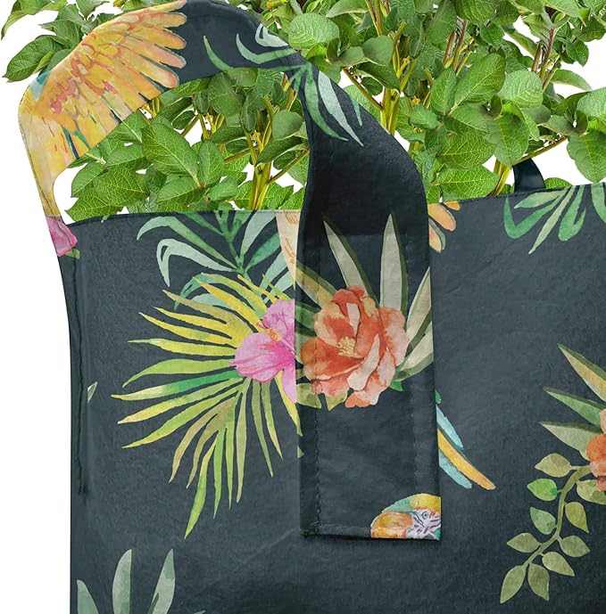 Lunarable Tropical Animals Grow Bags 5-Pack, Parrots and Flower, Heavyduty Fabric Pots with Handles for Plants, Green Yellow