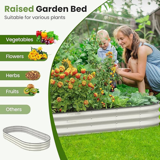 Galvanized Raised Garden Bed, 8x4x1 FT Oval Metal Planter Box for Outdoor, 12” Raised Beds for Gardening Vegetables Flower Herb(Pearl White)