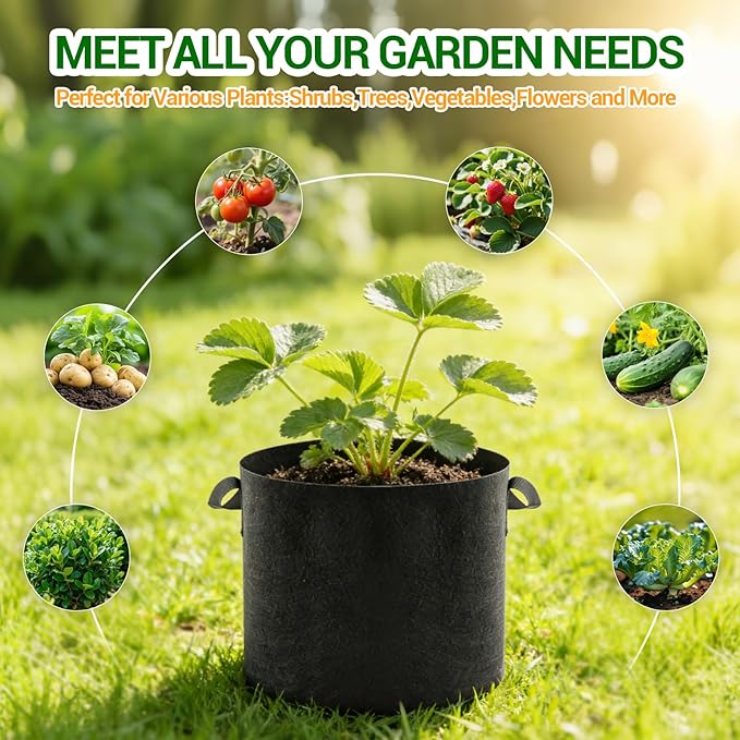 5-Pack 5 Gallon Grow Bags, Thickened Aeration Fabric Pots with Handles, Heavy Duty Plant Bags for Vegetables, Tomatoes, Potatoes, Fruits & Flowers, Reusable Garden Pots for Plants