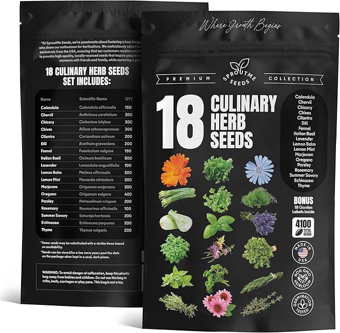 Culinary Herb Seeds Variety Pack – Basil, Cilantro, Parsley, Oregano, Rosemary & Thyme – 18 Varieties, 4100+ Non-GMO Heirloom Seeds, Indoor & Outdoor Growing
