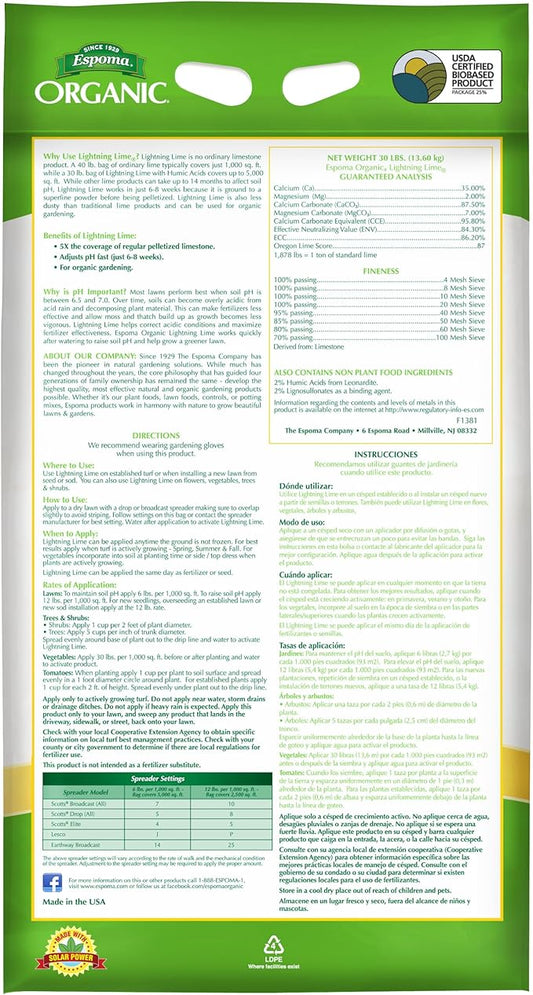Espoma Organic Lightning Lime, Fast Acting Pelletized Lime for Soil pH Correction on Lawns & Gardens. 30 lb. Bag Covers up to 5,000 Sq. Ft. Pack of One