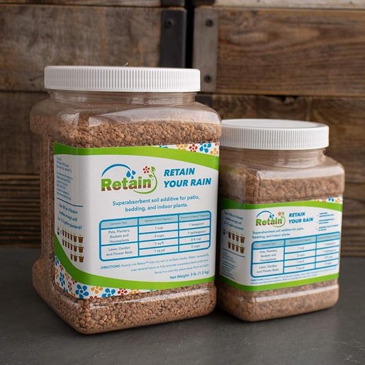 Retain by Rain Soil – 3 Lb – Water Holding Polymer Crystals Soil Additive – Stores Up to 15 Gallons of Water for House & Garden Plants, Lawn & Garden, Hanging Baskets