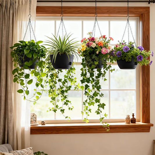 4 Pack 8 Inch Self Watering Hanging Planters for Indoor Outdoor Plants,Hanging Pots for Plants with Drainage Removable Tray, Hanging Baskets Flower Pots for Ivy Pothos Spider Garden Porch Black