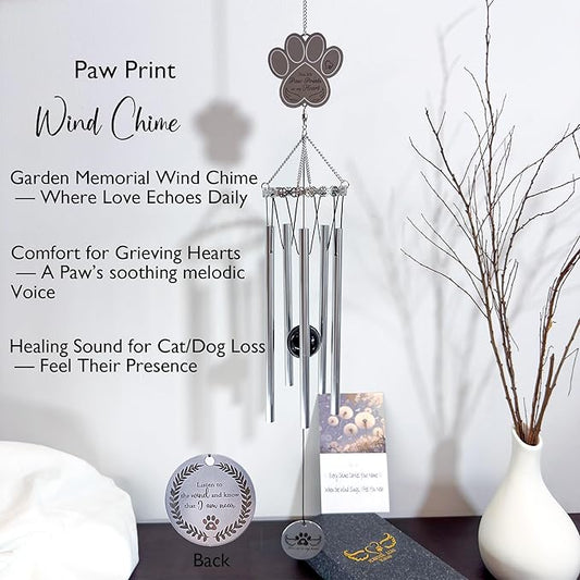 Paw Print Pet Memorial Wind Chime - Sympathy Gifts for Loss of a Dog or Cat, Bereavement Windchimes Outdoor in Memory of Beloved Pet,Pet Memorial Gifts with Keepsake Card