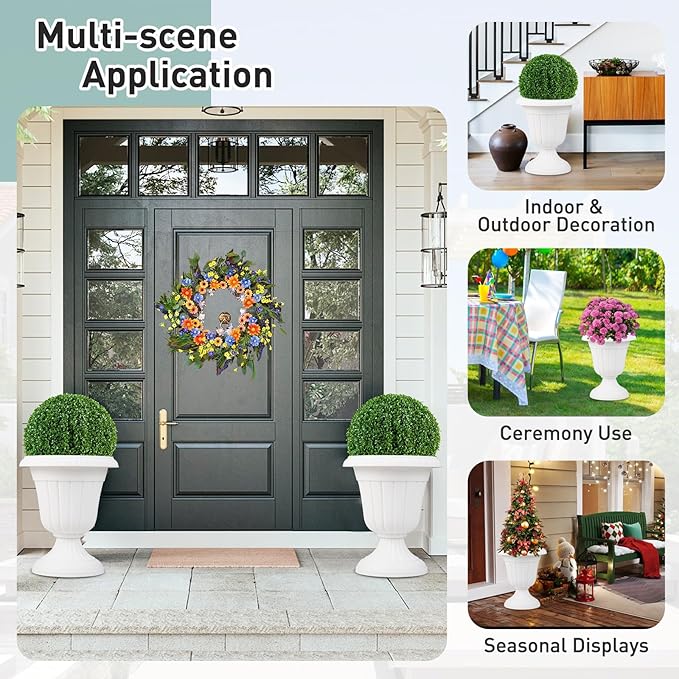 Giantex 18" Tall Vintage Planters Set of 2, Urn Plastic Flower Pots with/Pedestal Base & Pre-Marked Drain Hole, Indoor Outdoor Decorative Plant Containers for Front Porch Home Wedding, White