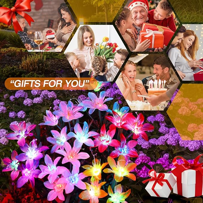 Aukora Solar Garden Lights Outdoor 5 Pack, 5 Colors Lily Flowers & 7-Color Changing Slide Beads Waterproof for Outside Pathway Patio Yard Decorations & Mother's Day Gift, Red Yellow Blue White Purple