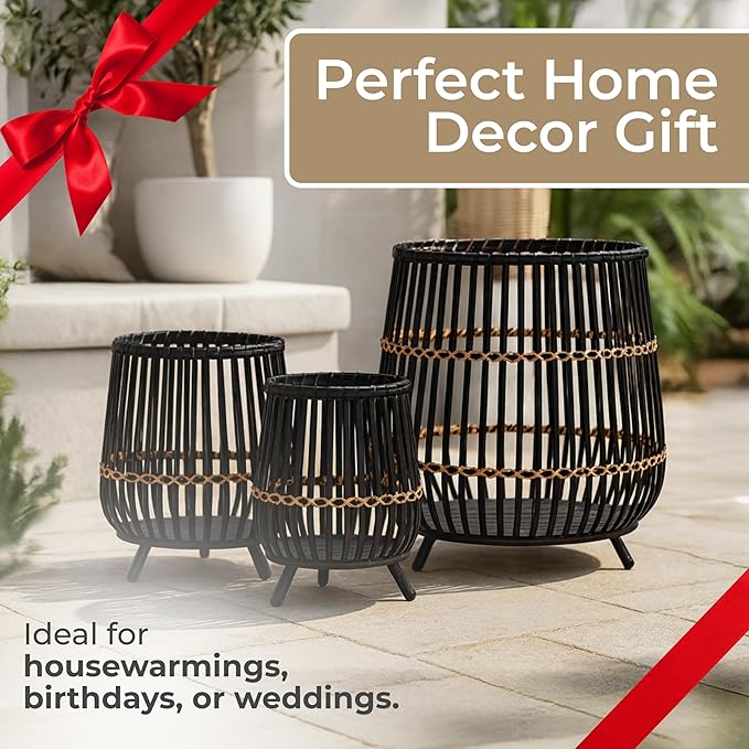 Set of 3 Woven Basket Decorative Planter Pot with Short Legs – Bamboo & Rattan Outdoor & Indoor Plant Pot – Modern Garden & Home Decor Planters – 13", 17", & 19", Black
