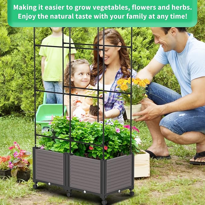 DoCred Raised Garden Bed Planter Box with Trellis for Climbing Vegetables Plants, Tomatoes Planters Outdoor Tomato Cage with Wheels, Indoor Outdoor Use
