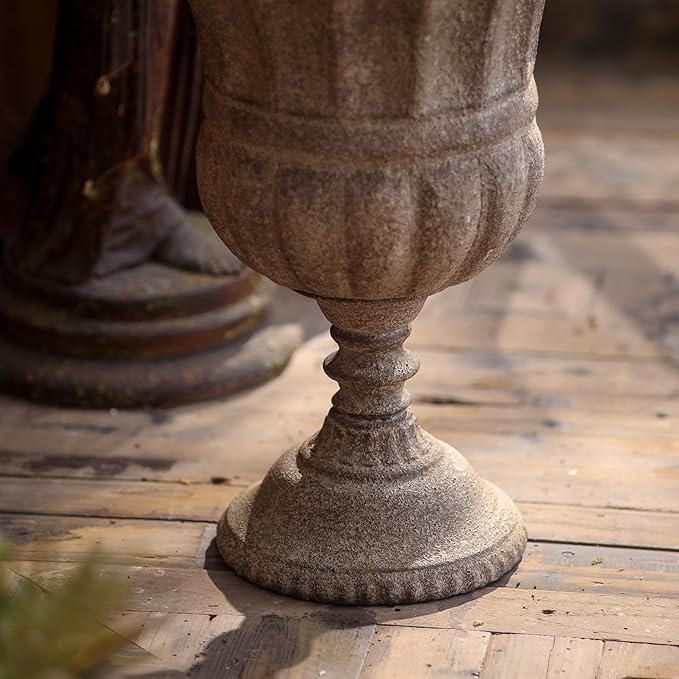 Vintage Urn Planter with Embossed Pattern, Imitation Stone Finish Flower Pot, Distressed Classic Plant Pot for Outdoor Indoor Home Garden Patio Front Porch Entryway(12 * 17 in)