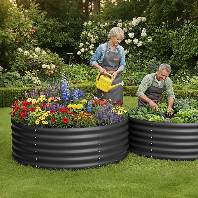 DDK Galvanized Raised Garden Bed, Round Outdoor Planter Bed, 4x4x1.5ft Metal Planter Box for Gardening and Planting,2Pack,BK