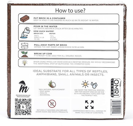 Mycelium Coco Coir Brick I Expandable Organic Coconut Fiber Substrate for Terrarium I Ideal for Reptiles Bedding, Nesting & Burrowing I OMRI Certified & Non-GMO Soil Alternative, 10lbs