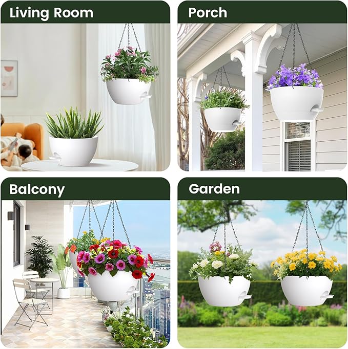 2 Pack 12 Hanging Flower Pots with Chains - Self Watering Plastic Planters for Indoor & Outdoor Plants, Sturdy Triangular Iron Chain Design for Garden PorchPlastic Hanging Flower pots (White)