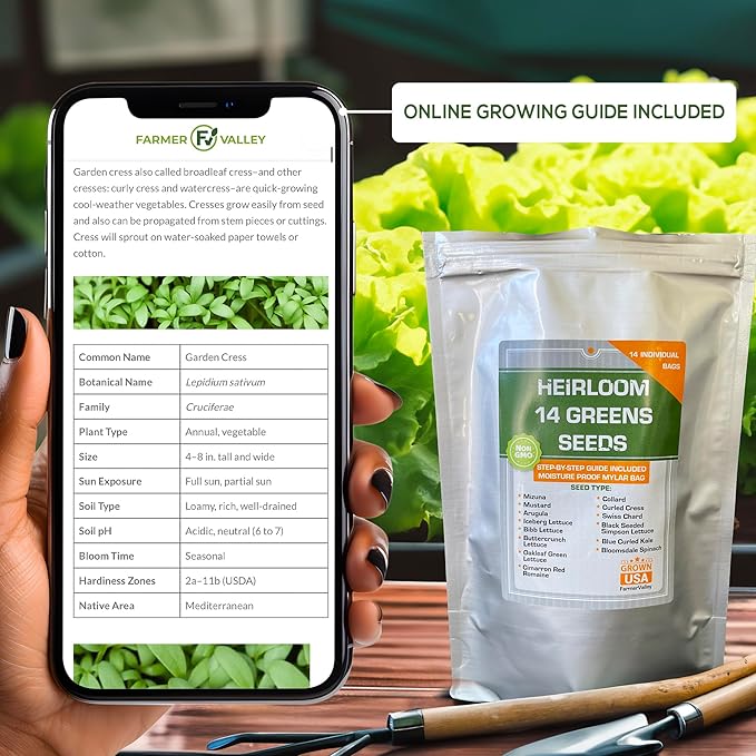 14 Varieties Heirloom Non-GMO Lettuce and Greens Seeds Pack for Outdoor and Indoor Gardening & Hydroponics, 6380 Seeds - Spinach, Bibb, Iceberg, Butter, Oakleaf, Black Seeded Simpson, Romaine & More