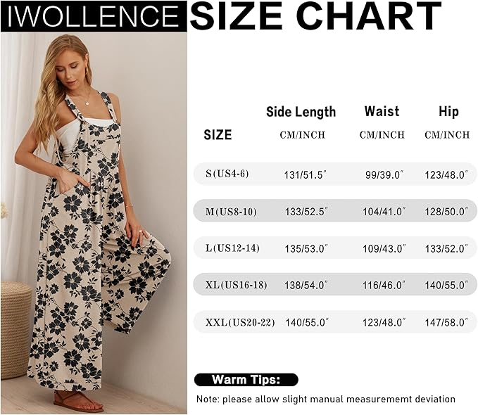 IWOLLENCE Women's Summer Jumpsuits Boho Wide Leg Overalls Casual Loose Rompers with Pockets 2025