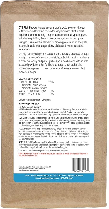 Down To Earth All Natural Fertilizers Organic Solution Grade Fish Powder - Water Soluble Nitrogen - Makes up to 50 Gallons of Liquid Fish Fertilizer for Soil or Foliar Spray 12-1-1, 1 lb