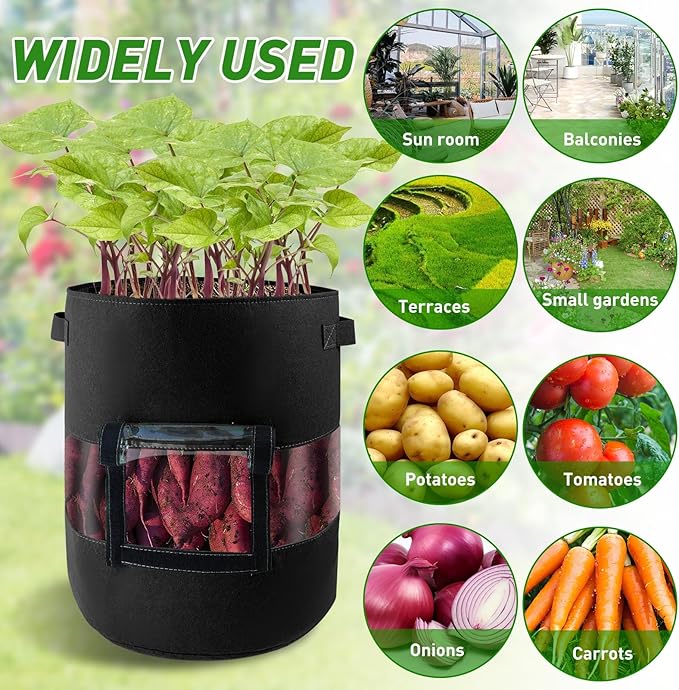 2-Pack 11 Gallon 360°Visible Potato Grow Bags, Potato Pot Planter with Flap Window Shade Cloth, Potato Growing Containers, 380g Thickened Felt Garden Planting Bag for Growing Potatoes Vegetables