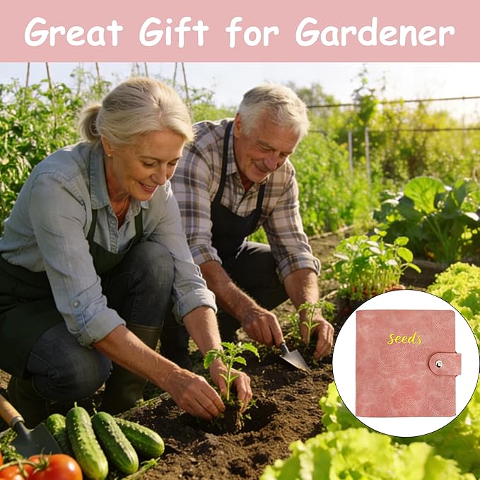 Seed Storage Organizer Binder, PU Seed Packet Organizer with 50 Clear Pockets(25 Pack Sheet Sleeves) and 50 Pack Seed Envelopes, Garden Seed Holder Book, Pink Flower Plant Seed Keeper