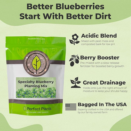 Specialty Blueberry Potting Mix by Perfect Plants | Organic Premium Mix | Use with Blueberry's, Raspberry, or Other Fruit Shrubs (4qt)