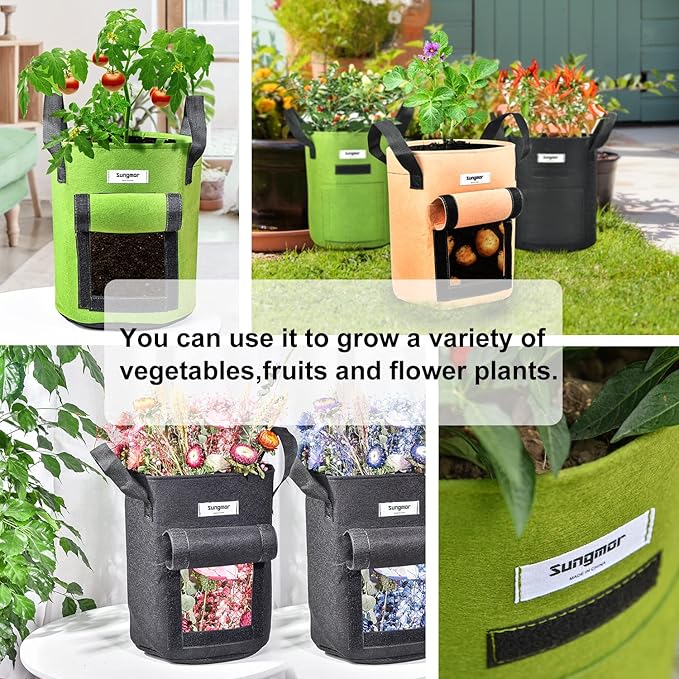 Sungmor 3PC Large Fabric Pots, Grow Bags for Plants 10 Gallon Patio Garden Bags Cloth Pots, Heavy Duty Thick Non Woven Planters Flower Pots Gardening Planting Bags for Flowers Vegetables Pepper Plants