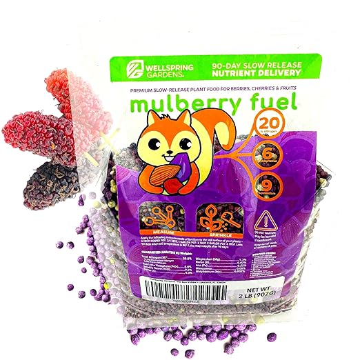 Mulberry Fuel Fruit Plant Fertilizer by Wellspring Gardens - Premium Slow-Release Fertilizer for Berries, Cherries, Nuts, and Fruit Trees - Enhances Soil Acidity & Plant Nutrition - 2 Pounds (2 lbs)