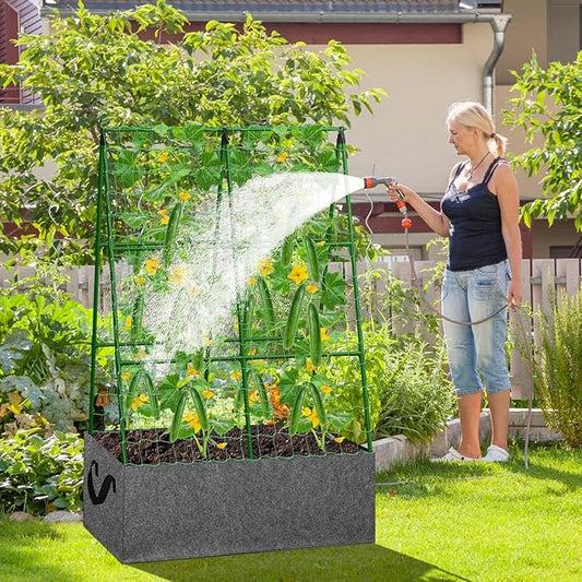 Cucumber Trellis with Grow Bag, 50 x 36 Inches Reusable Garden Vegetable Trellis with Fabric Raised Bed, Climbing Net and Plant Support Clips for Greenhouse Climbing Plants