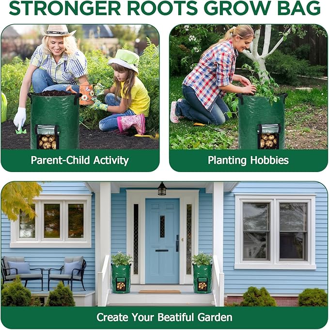 SATINIOR 2 Pack 30 Gallon Potato Grow Bags with Transparent Flap and Handles Green Durable PE Pots Large Plant Grow Bags for Onion Fruits Tomato Carrot
