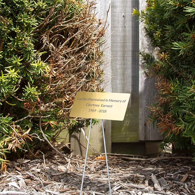 Outdoor Metal Garden Sign, Label, or Memorial. 4 x 2" or 6 x 4" sign with rounded corners and a 10" stake. Materials Include: Stainless Steel, Brass, Copper, Bronze and Titanium. (Brass, 4 x 2")