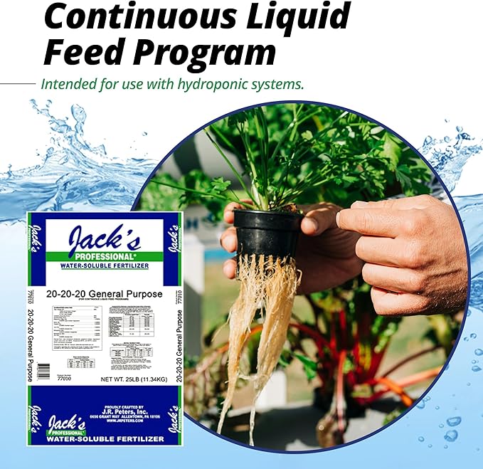 Jack's Professional 20-20-20 General Purpose Water-Soluble Fertilizer with Micronutrients for Heavy Feeding Plants in Continuous Liquid Feed Programs, 25lbs