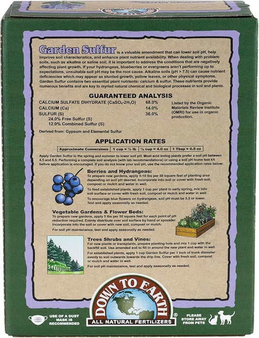 Down To Earth All Natural Fertilizers Organic Garden Sulfur Acidifier - Soil Amendment Lowers Soil pH for Hydrangeas, Berries, Evergreens, 5 lb