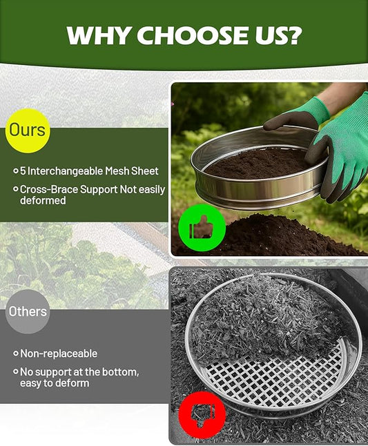 5-in-1 Soil Sifter Set with 5 Replaceable Stainless Steel Mesh Screen & Shovel (1/8" to 1/2"), Soil Sifter for Soils, Compost, Bonsai, Cat Litter and More(11-5/8" Diameter)