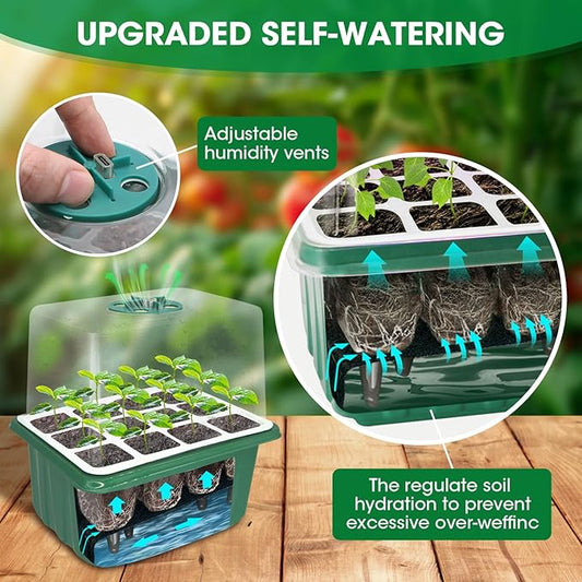 5PCS 60 Cell Self Watering Seed Starter Tray with Grow Light, Reusable Silicone Seed Starter Kit with Humidity Dome, 60 Cells Plant Germination Trays for Seeding Planting Growing(5-Pack 60-Cell)