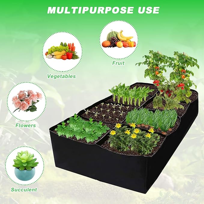 Longzhuo Grow Bags, 1 Pack Rectangular (6x3x1 Ft) 8 Grids - Breathable Reusable Planting Bags, Fabric Garden Bed for Growing Herbs, Flowers, Vegetables, Other Plants