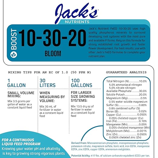 Jack's Classic Nutrients 10-30-20 Bloom Water-Soluble Fertilizer for Root Growth and Fruit Development in Continuous Liquid Feed Programs, 2.2Lbs