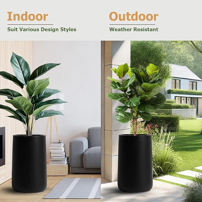 23.1" H x 14.7" D Tall Conico Fiberstone Planter, Drainage Hole for Indoor and Outdoor Use, 5 Year Guarantee, Included 2 Extra Coco Mats (Black Color, 23.1" Pot Opening)