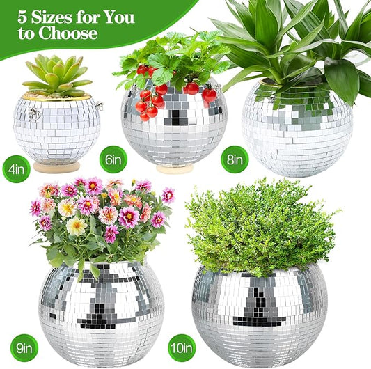 Disco Ball Planter, 8" Silver Disco Ball Planter, Disco Ball Plant Hanger with Hanging Rope, Hanging Chain, Hook, Circle and Extra Mirror Pieces