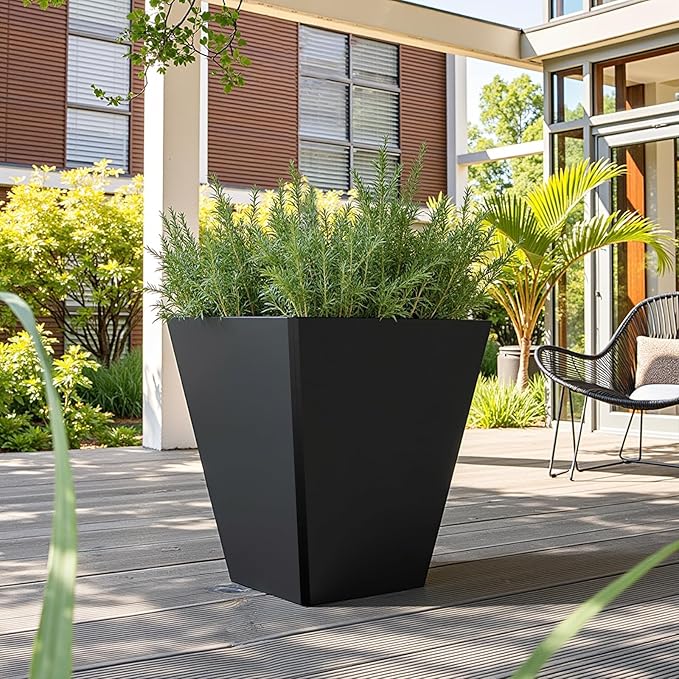 14 Inch Black Tall Planters for Outdoor Plants, Large Metal Taper Plant Pot with Drainage Hole for Garden Patio Front Door