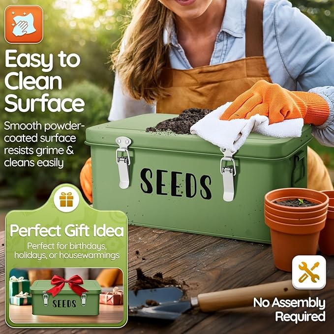 Flexzion Seed Saving Box - Metal Seed Storage Organizer Box with Lid, 4 Spacious Compartments Storage Bin for Garden Tools & More with Safety Locks, Green
