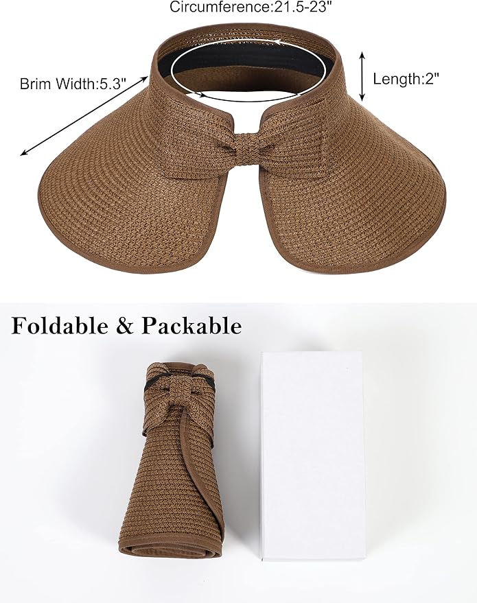 Womens Beach Straw Sun Hats Ponytail Hole Wide Brim Summer Visor Foldable Hat Sun Protection Packable for Travel Pool