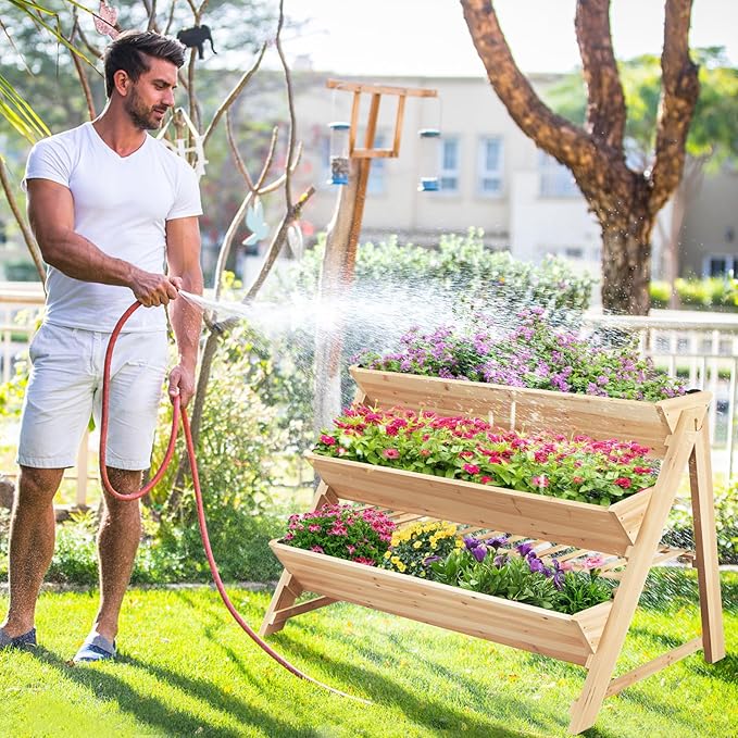 3-Tier Raised Garden Bed, Vertical Garden Planter w/Storage Shelf, Bed Liner & 2 Side Hooks, Wood Elevated Planter Box Outdoor for Plants Vegetables Flowers Herbs,Natural