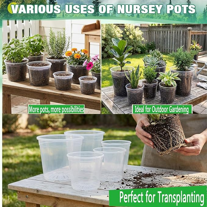 6/7.5/8/10 Inch Large Clear Nursery Pots with Drainage, 12 Pack Thick Reusable Multi-Size Plastic Planters, Deep Nursery Pots for Healthy Roots, Ideal Containers for Indoor Outdoor Plants
