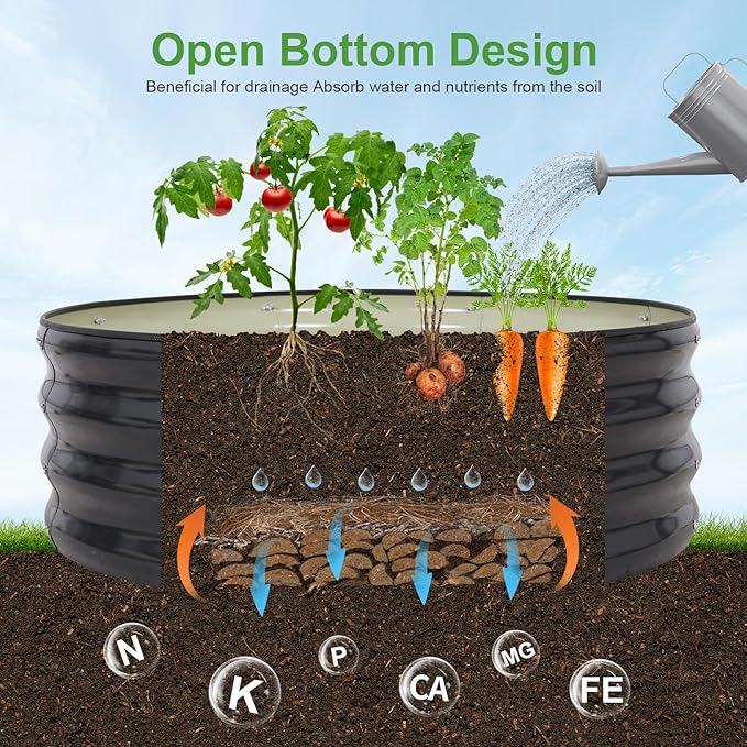 Galvanized Raised Garden Bed- 2Pcs Metal Planter Boxes Outdoor | 12" Tall 36" Round Steel Raised Bed Kit & Fire Pit Ring for Gardening with Protective Tape for Vegetables, Flower (Grey)
