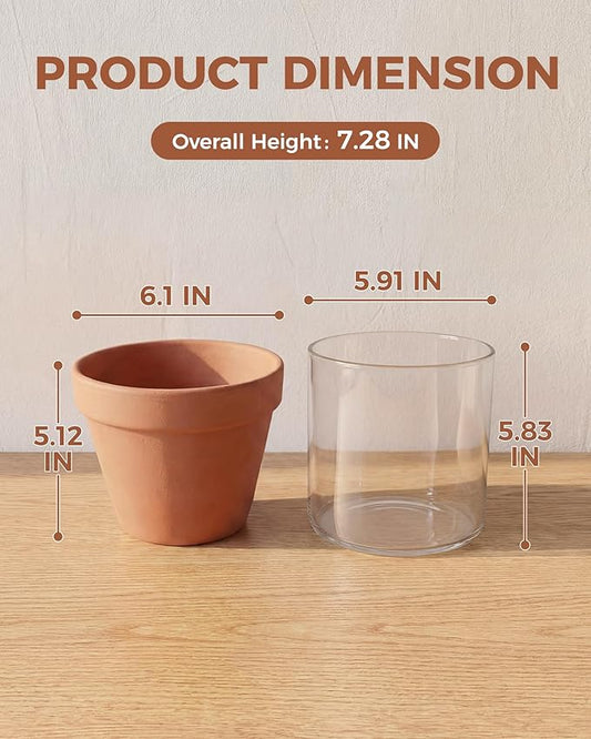 Bamworld Self Watering Pots for Indoor Plants Terracotta Pots Terracotta Planter with Cylinder Glass Cup Clay Flower Pots Ceramic Orchid Pots Modern Office Home Decor 6 Inch