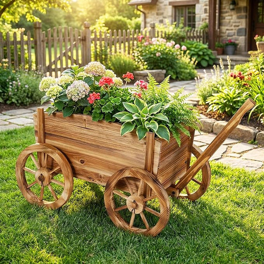 Giantex Wood Wagon Planter Set of 2, Rustic Rolling Flower Pot Stand with Wheels, Handle & Drainage Hole for Growing Vegetables Herbs, Indoor Outdoor Decorative Cart for Patio Balcony Garden