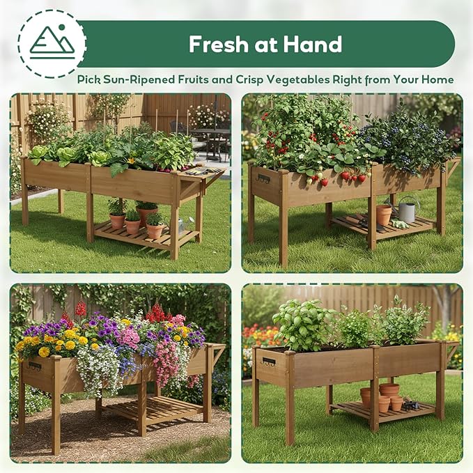 PetsCosset Raised Garden Bed with Legs, Wood Elevated Planter Box with Storage Shelf & Bed Liner, Hanging Hooks for Vegetables Flowers Herbs, Outdoor Patio & Backyard Use