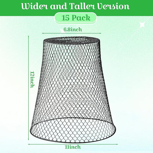 Therwen 15 Pcs Large Chicken Wire Cloche Plant Protector Cover 11x12 Inch Metal Garden Cloche Dome for Plants Wire Protection Basket with Garden Stakes Plant Cages from Animals (Silver)