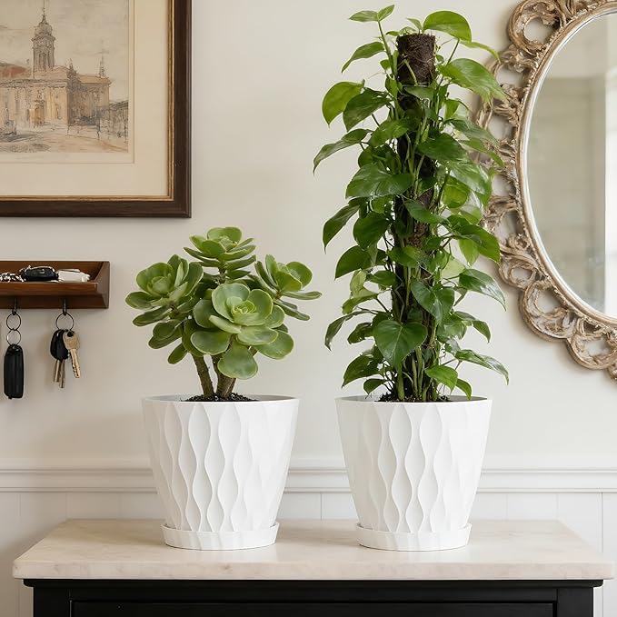 8 Inch Plant Pots, 2 Pack Plastic Planters for Indoor Outdoor with Drainage Holes & Saucers, Waffle Texture Flower Pots for Indoor Plants, Indoor Plant Pots for Monstera, Fiddle Leaf Fig, White