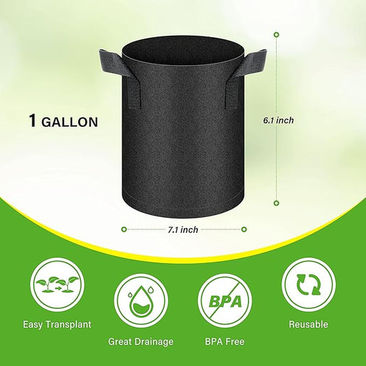 HealSmart 6-Pack 1 Gallon Grow Bags, Nonwoven Aeration Fabric Pots with Handles, Cloth Plant Pots, Suitable for Garden Fruits, Vegetables, Tomato and Flowers, Black