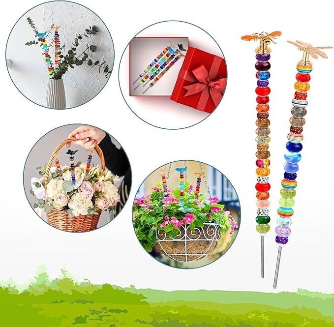 Tigeen 236 Pcs Garden Stake DIY Fairy Wand Plant Stake with 12 Colorful Crystal Stopper Top 12 Threaded Rod with 200 Large Hole Bead for Spring Summer Holiday Outdoor Decorations(Dragonfly Bird Bee)