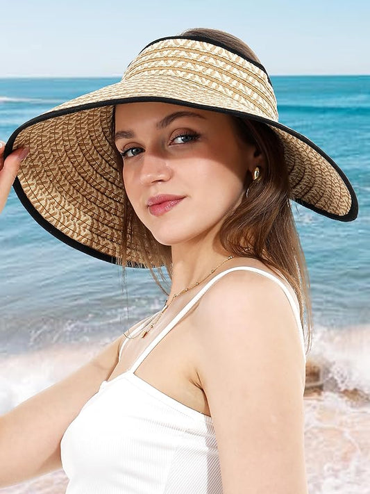 Womens Beach Straw Sun Hats Ponytail Hole Wide Brim Summer Visor Foldable Hat Sun Protection Packable for Travel Pool