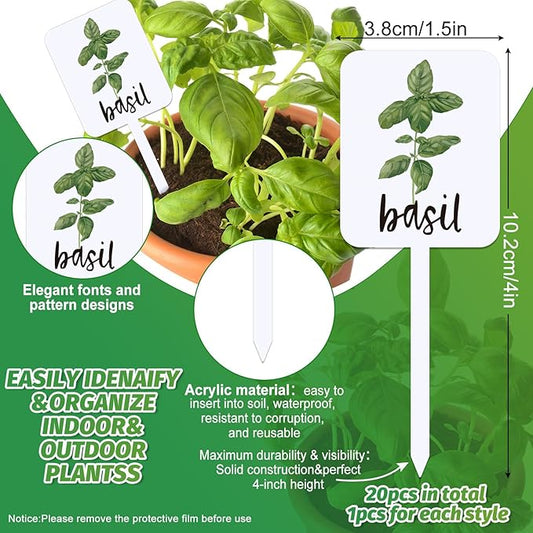 20Pcs Acrylic Plant Label Signs 20 Styles Garden Herb Markers Plant Stake Tags White Waterproof Tags with Herb Names for Nursery Indoor Outdoor Garden Decor